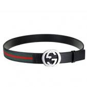 Gucci  Black Leather Trim Green Red Signature Web Interlocking Silver G Buckle Belt