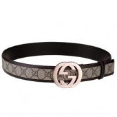 Gucci  Brown Leather Trim Interlocking Brass G Buckle Monogram Belt