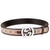 Gucci  Brown Leather Trim Interlocking Silver G Buckle Monogram Belt Replica