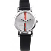 Gucci Small Polished Stainless Steel Bezel White Dial Black Leather Strap