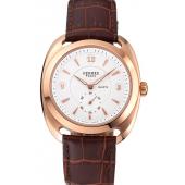 Hermes Dressage White Dial Rose Gold Case Brown Leather Strap