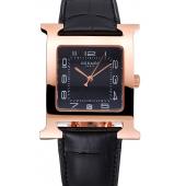 Hermes Heure H Black Dial Gold Case Black Leather Strap