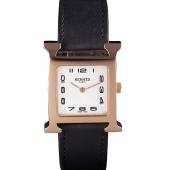 Replica Hermes Heure H Rose Gold Bezel Black Leather Strap White Dial 80235