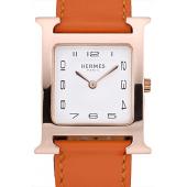 Hermes Heure H Rose Gold Bezel Orange Leather Strap White Dial 80234