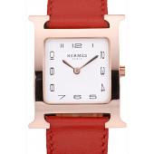 Hermes Heure H Rose Gold Bezel Red Leather Strap White Dial 80233