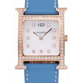 Hermes Heure H Rose Gold Diamond Encrusted Bezel Blue Leather Strap White Dial 80238