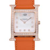 Replica Hermes Heure H Rose Gold Diamond Encrusted Bezel Orange Leather Strap White Dial 80237