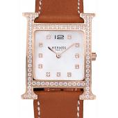 Hermes Heure H Rose Gold Diamond Encrusted Bezel Tan Leather Strap White Dial 80236