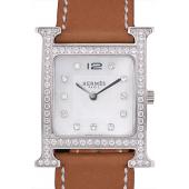 Hermes Heure H Stainless Steel Diamond Encrusted Bezel Tan Leather Strap White Dial 80232