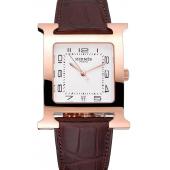 Hermes Heure H White Dial Gold Case Brown Leather Strap