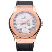 Hublot  Fusion Diamond Skull Dial Gold Case Black Leather Strap  622816 Replica