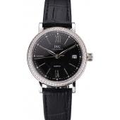 IWC Portofino Black Dial Stainless Steel Case Diamonds Bezel Black Leather Strap