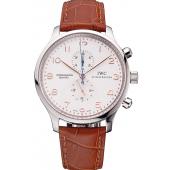 IWC Portugieser Chronograph White Dial Rose Gold Hands And Numerals Stainless Steel Case Brown Leather Strap Replica