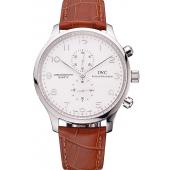 IWC Portugieser Chronograph White Dial Steel Hands And Numerals Stainless Steel Case Brown Leather Strap Replica