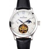 Replica Jaeger LeCoultre Master Moonphase Tourbillon White Dial Stainless Steel Case Black Leather Strap