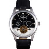 Jaeger Lecoultre Tourbillon  Perpetuel Silver Bezel Black Leather Band  621614