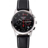 Longines Column Wheel Black Dial Silver Stainless Steel Case Black Leather Strap