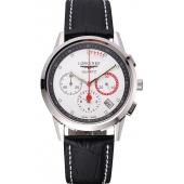 Longines Column Wheel White Dial Silver Stainless Steel Case Black Leather Strap