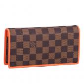 Cheap Louis Vuitton Ebene Damier Brazza Wallet with Orange Leather Trim