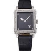 Louis Vuitton Emprise Black Dial Stainless Steel Case With Jewels Black Leather Strap  622789