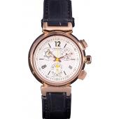 Louis Vuitton Tambour Black Leather Bracelet White Dial 801418 Replica