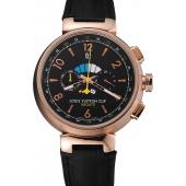 Replica Louis Vuitton Tambour LV Cup Regate Black Dial Rose Gold Case Black Leather Strap