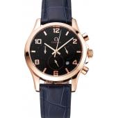 Cheap Omega Chronograph Black Dial Rose Gold Case Blue Leather Strap