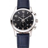 Omega Chronograph Black Dial Stainless Steel Case Blue Leather Strap