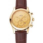 Omega Chronograph Gold Dial Gold Case Brown Leather Strap