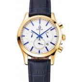 Cheap Omega Chronograph White Dial Gold Case Blue Leather Strap