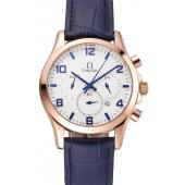 Omega Chronograph White Dial Rose Gold Case Blue Leather Strap Replica