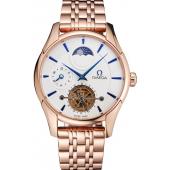 Omega De Ville Moonphase Tourbillon White Dial Blue Hands Rose Gold Case And Bracelet Replica