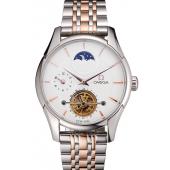 Cheap Omega De Ville Moonphase Tourbillon White Dial Stainless Steel Case Two Tone Steel Rose Gold Bracelet