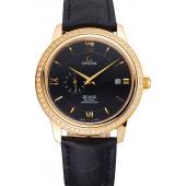 Replica Omega De Ville Prestige Co-Axial Black Dial Gold Diamond Case Black Leather Strap Roman Numeral