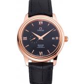 Replica Omega De Ville Prestige Co-Axial Black Dial Rose Gold Case Black Leather Strap Roman Numeral