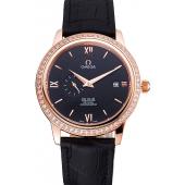 Omega De Ville Prestige Co-Axial Black Dial Rose Gold Diamond Case Black Leather Strap Roman Numeral