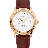 Omega De Ville Prestige Co-Axial White Dial Gold Case Brown Leather Strap Roman Numeral