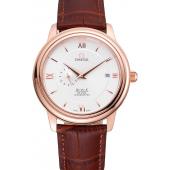 Omega De Ville Prestige Co-Axial White Dial Rose Gold Case Brown Leather Strap Roman Numeral Replica