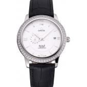 Cheap Omega De Ville Prestige Co-Axial White Dial Silver Diamond Case Black Leather Strap Roman Numeral