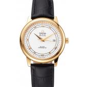 Cheap Omega De Ville Prestige White Dial Gold Case Black Leather Strap