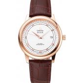 Omega De Ville Prestige White Dial Rose Gold Case Brown Leather Strap