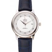 Omega De Ville Prestige White Dial Stainless Steel Case Blue Leather Strap