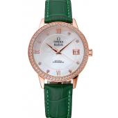 Omega DeVille Prestige Co-Axial Diamond Gold Case Mother-Of-Pearl Dial Green Leather Strap