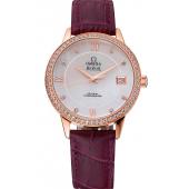 Omega DeVille Prestige Co-Axial Diamond Gold Case Mother-Of-Pearl Dial Purple Leather Strap