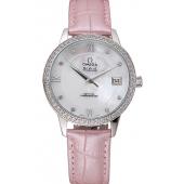 Cheap Omega DeVille Prestige Co-Axial Diamond Silver Case Mother-Of-Pearl Dial Pink Leather Strap