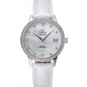 Cheap Omega DeVille Prestige Co-Axial Diamond Silver Case Mother-Of-Pearl Dial White Leather Strap