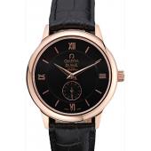 Replica Omega DeVille Prestige Small Seconds Black Dial Gold Case Black Leather Bracelet  622602