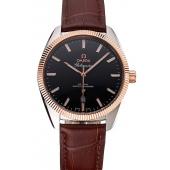 Cheap Omega Globemaster Black Dial Rose Gold Bezel Stainless Steel Case Brown Leather Strap