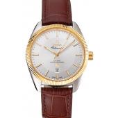 Cheap Omega Globemaster Silver Dial Gold Bezel Stainless Steel Case Brown Leather Strap