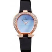 Replica Omega Ladies Watch Blue Dial Gold Case With Diamonds Black Leather Strap  622830